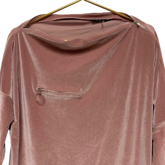 TOV Zipper Tunic Top Size‎ 40 Medium Pink Velvet Asymmetrical Hem Long Sleeve - Picture 4 of 13